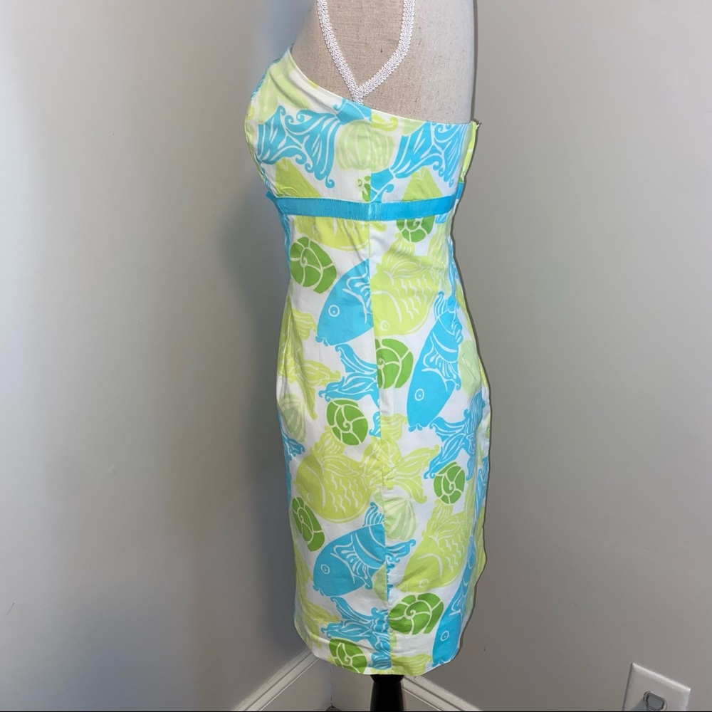 Lilly Pulitzer vintage strapless blue & lime green fish print dress size 4 - Picture 2 of 6